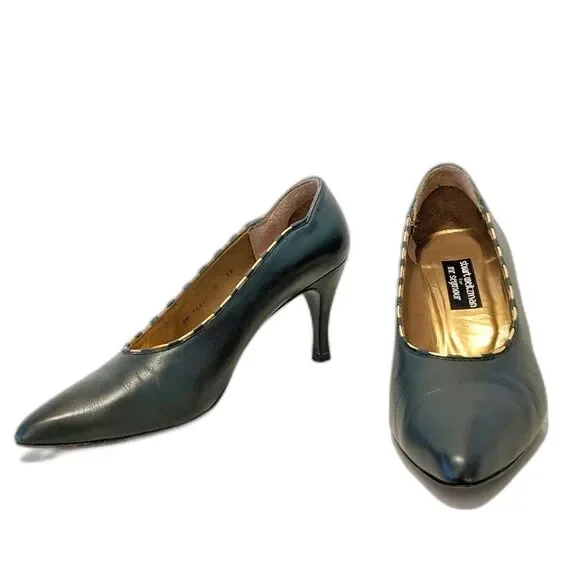 VINTAGE 80s STUART WEITZMAN for Mr. Seymour Forest Green Gold Chain Pumps Sz. 11 - Picture 2 of 12